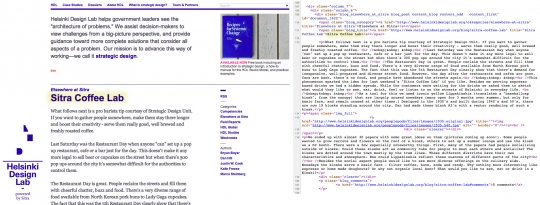 Left: our website. Right: a portion of the code you will see if you view source. I've highlighted a bit of text in both so you can see how one connects to the other.